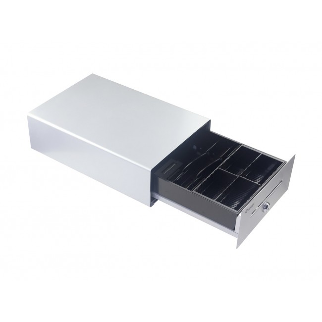Equip Cash Register Drawer for Point of Sale (POS) System, 4 Bill/4 Coin Compartments, Removable Coin Slots, RJ11 connector, Aluminum