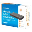 Manhattan 4K@60Hz 3-Port HDMI Switch, Switches Between Three HDMI Inputs on One HDMI Output (3x1), 18G, Automatic and Manual Switching, IR Remote Control, Black