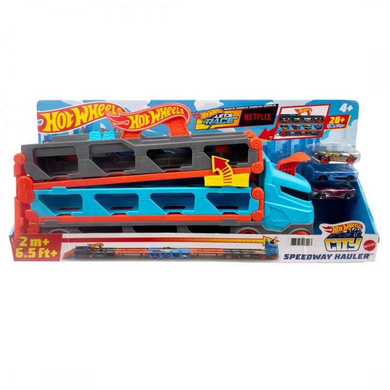Hot Wheels City Speedway Hauler Carrier with 3 Toy Cars Hot Wheels City Speedway Hauler Carrier with 3 Toy Cars