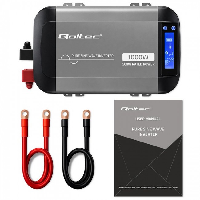 Qoltec Przetwornica napięcia Pure Sine Wave | 12V na 230V | 500/1000W | LCD | USB | USB-C | Kompatibilno z LiFePo4 GEL AGM