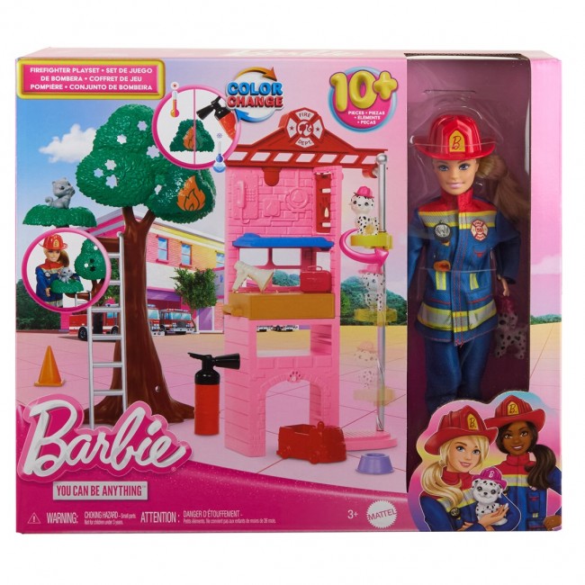 Barbie Firefighter Playset with Blonde Fashion Doll, Fire Station, 2 Pets & 10+ Accessories