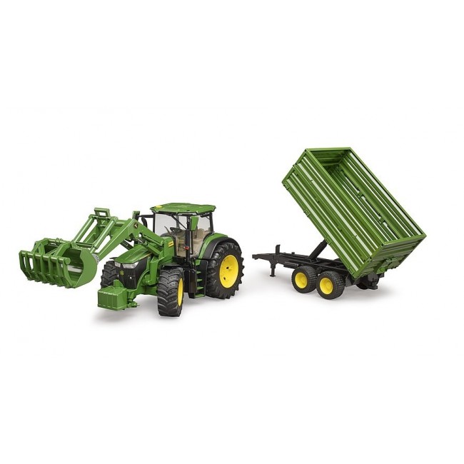 John Deere 7R 350 tractor with front loader and 2-axle trailer 03155 BRUDER