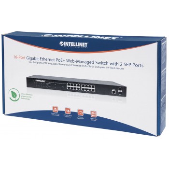 Intellinet 16-Port Gigabit Ethernet PoE+ Web-Managed Switch with 2 SFP Ports, 16 x PoE ports, IEEE 802.3at/af Power over Ethernet (PoE+/PoE), 2 x SFP, Endspan, 19