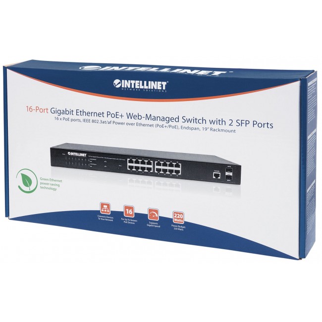 Intellinet 16-Port Gigabit Ethernet PoE+ Web-Managed Switch with 2 SFP Ports, 16 x PoE ports, IEEE 802.3at/af Power over Ethernet (PoE+/PoE), 2 x SFP, Endspan, 19 Intellinet 16-Port Gigabit Ethernet PoE+ Web-Managed Switch with 2 SFP Ports, 16 x PoE ports, IEEE 802.3at/af Power over Ethernet (PoE+/PoE), 2 x SFP, Endspan, 19
