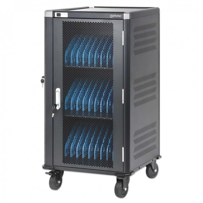 Manhattan Laptop Charging Cart/Trolley via AC Adapter (EU) 30-bay, Install device's AC Adapter (power cables) into unit, Suitable for ALL laptops (to 16