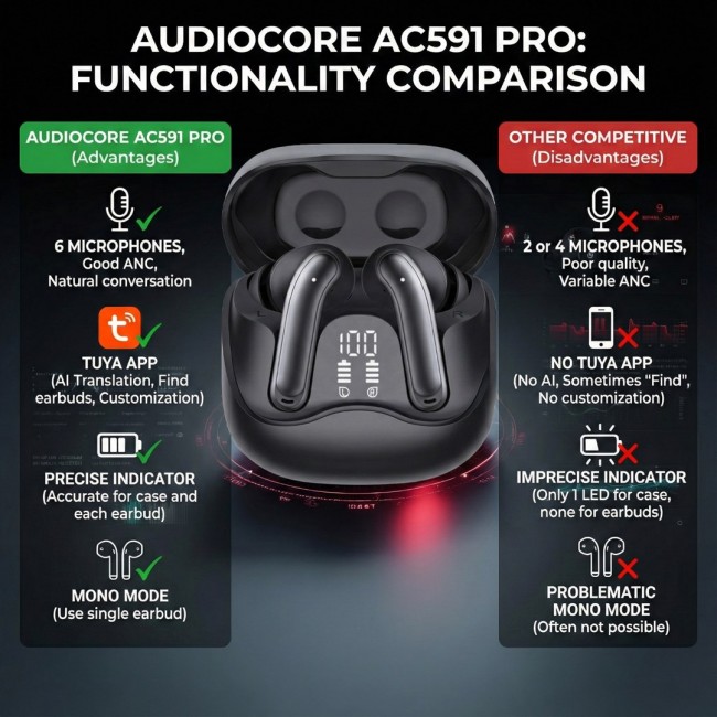 Audiocore wireless headphones, hybrid ANC, ENC, 6 microphones, charging case, Tuya, AC591 PRO Audiocore wireless headphones, hybrid ANC, ENC, 6 microphones, charging case, Tuya, AC591 PRO