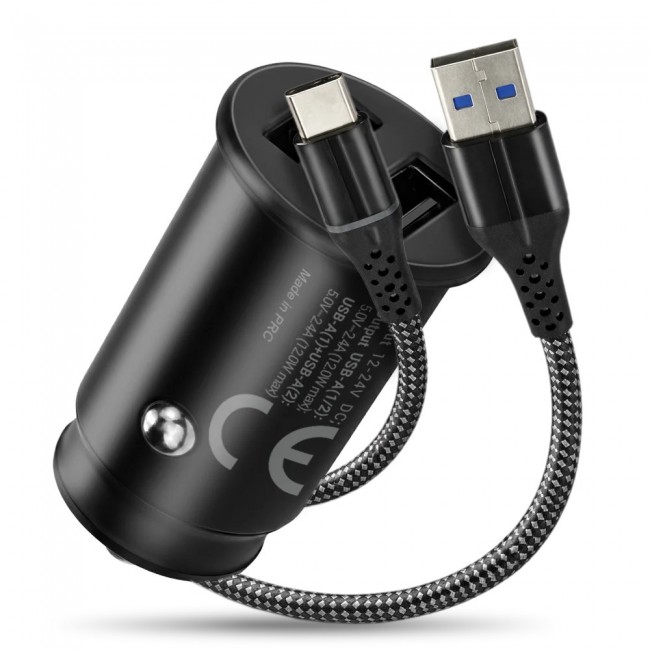 Car charger 2 X USB 12W black + cable USB-C 1m