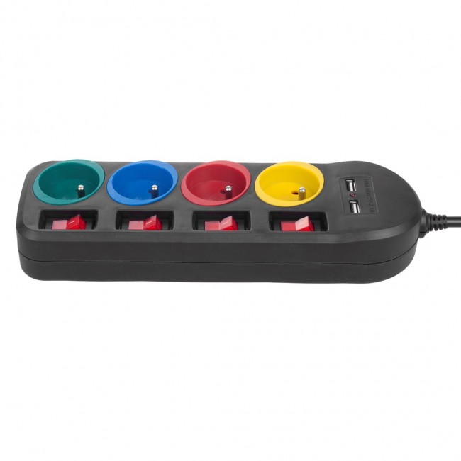 Maclean power strip, 4-socket extension cable + 2xUSB, with switches, 250VAC/10A, 2.1A 5V, 1.5m, black, MCE229 B Maclean power strip, 4-socket extension cable + 2xUSB, with switches, 250VAC/10A, 2.1A 5V, 1.5m, black, MCE229 B