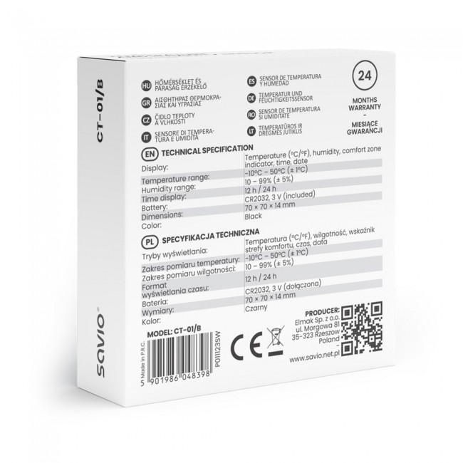 SAVIO Wireless weather station, temperature and humidity sensor, indoor use, LCD screen, clock, date, handle with magnet, CT-01/B Black