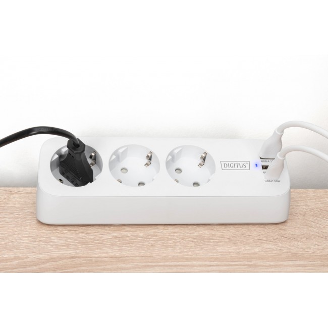 Digitus 3-way office socket strip with 2x USB-A and 1x USB-C connections, white