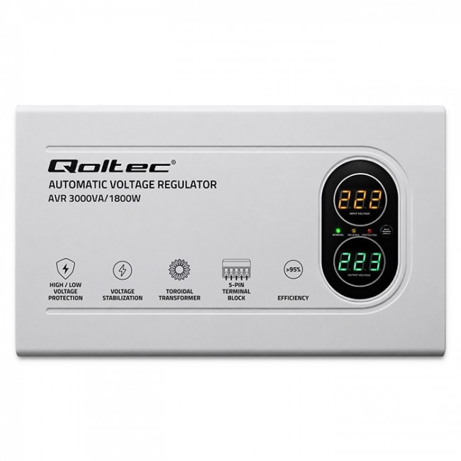 Qoltec Automatyczny Stabilizator napięcia AVR 3000VA | 1800W | Compact | Toroidalny transformator