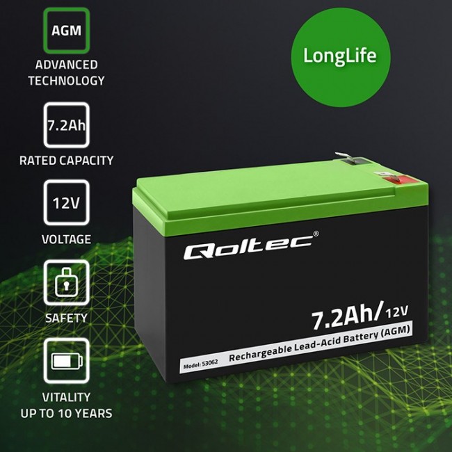 Qoltec 53062 AGM battery | 12V | 7.2 Ah | max 108A