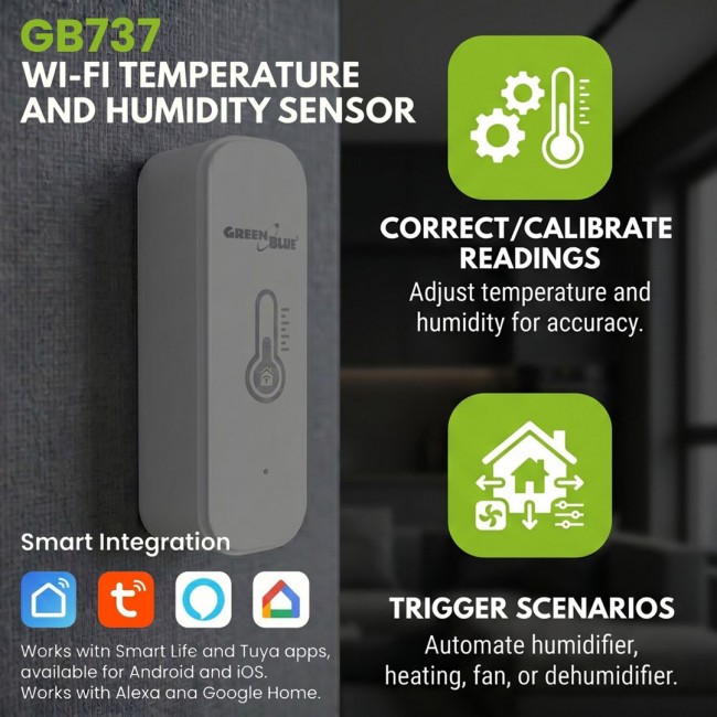 GreenBlue WiFi Temperature and Humidity Sensor, Android/iOS/Alexa/Google Home, 3.0V DC, LR03x2, GB737 GreenBlue WiFi Temperature and Humidity Sensor, Android/iOS/Alexa/Google Home, 3.0V DC, LR03x2, GB737