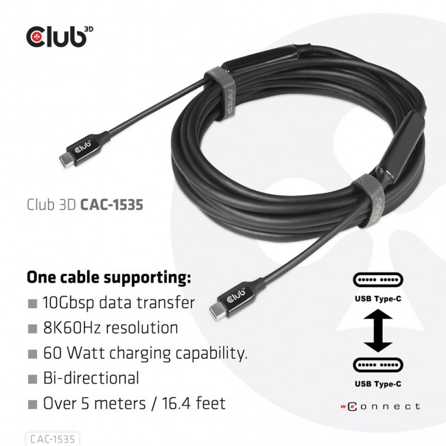 CLUB3D USB 3.2 Gen2 Type C to C Active Bi-directional Cable 8K60Hz M/M 5m/16.4ft CLUB3D USB 3.2 Gen2 Type C to C Active Bi-directional Cable 8K60Hz M/M 5m/16.4ft