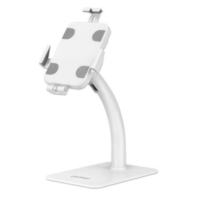 Manhattan Desktop Kiosk Stand (Anti theft) for Tablet and iPad, Universal, 360 Rotation, Tilt +20 to -110 , White, Lockable, Countertop Holder for 7.9