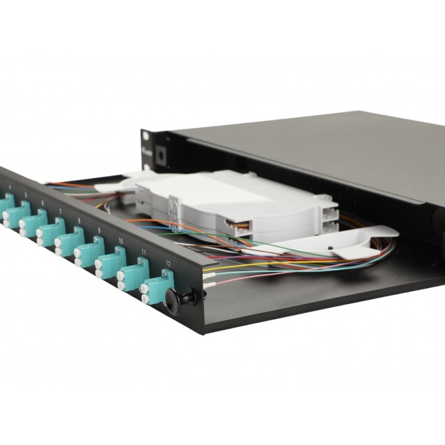 Equip 12-Port Fiber Optic Splice Box, LC Duplex, OM3, 1U, Equipped, Black