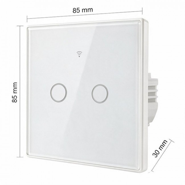 Qoltec 52716 Smart Touch 2-Gang Light Switch | Wi-Fi | Timer | Tuya | Smart Life | Tempered Glass | White
