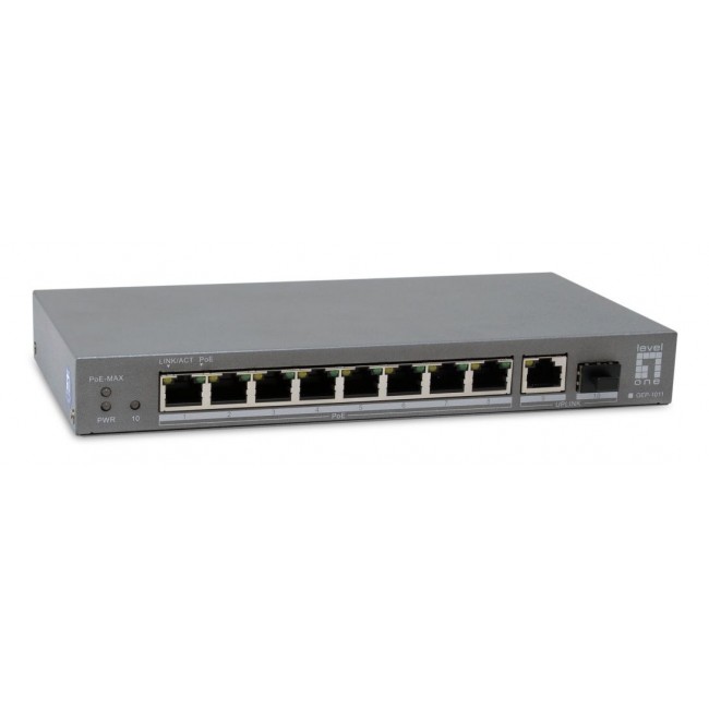 LevelOne 10-Port Gigabit PoE Switch, 802.3af/at PoE, 8 PoE Outputs, 120W Power Budget, 1 x Gigabit SFP, 1 x Gigabit RJ45 Uplink
