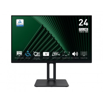 MSI Pro MP245PG 24 Inch Monitor, FHD (1920 x 1080), 100Hz, IPS, 1ms, 1x HDMI 1.4b, 1x DP 1.2a output, 1x D-Sub(VGA), Built-in Speakers, Anti-Glare, Anti-Flicker, Less Blue light, T V Certified, VESA, Kensington, 4-way adjustable stand, Black