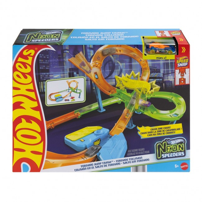 Hot Wheels Neon Speeders Stunt Tracks Tornado Jump Crash Track Set with Motorized Booster & Toy Car