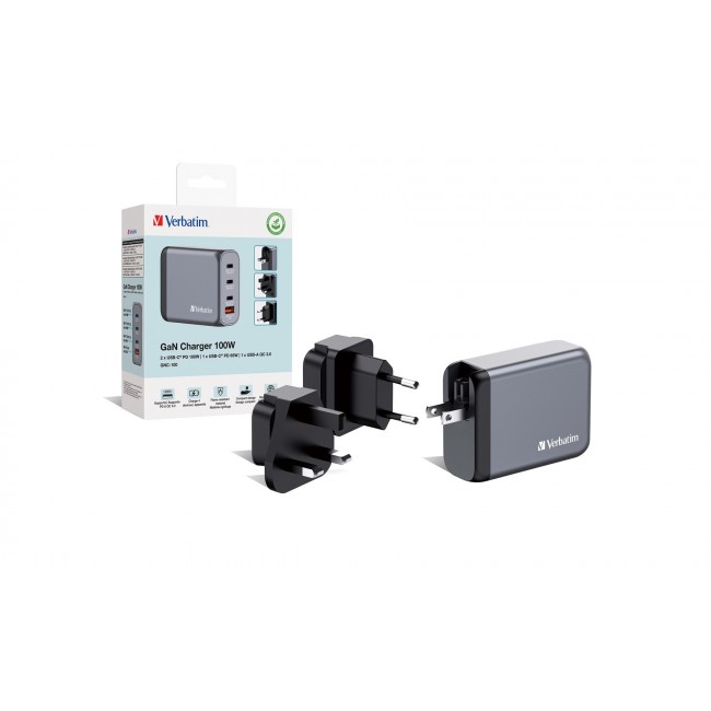 Verbatim GNC-100 GaN Charger 4 Port 100W USB A/C (EU/UK/US)
