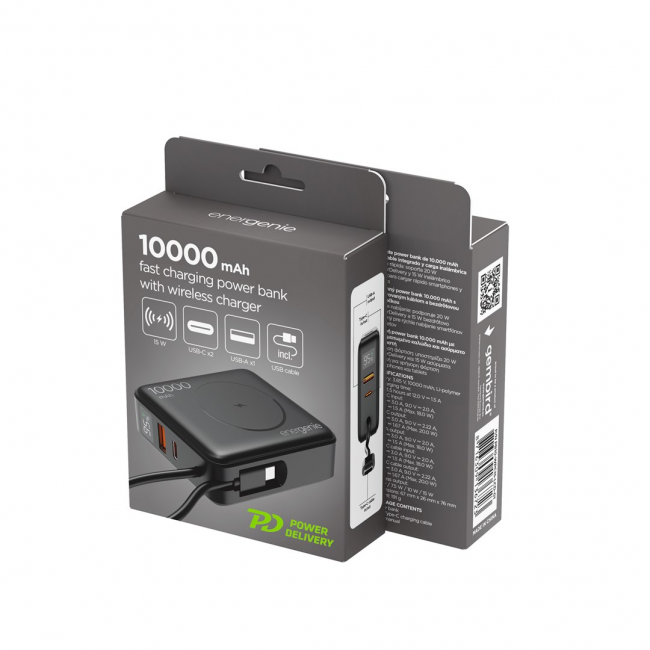Gembird PB10-WPC15-LCD-01 Fast charging power bank with wireless charger, 20W, 10000 mAh, black