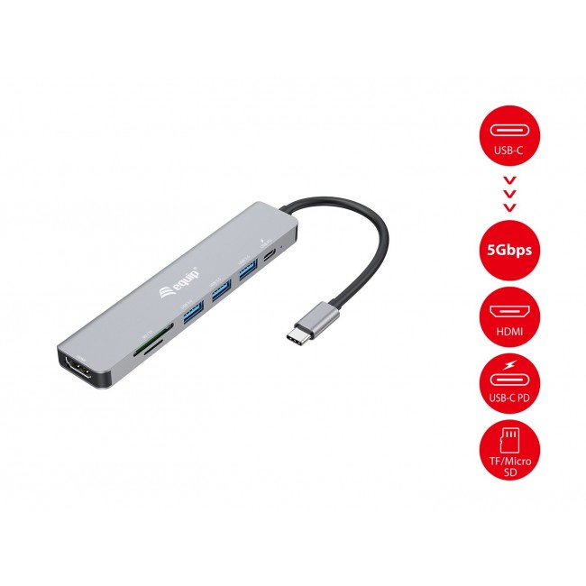 Equip USB-C 7 in 1 Multifunctional Adapter, HDMI 4K/60Hz, USB 3.2 Gen1 x 3 , TF/MICRO SD, 100W USB PD
