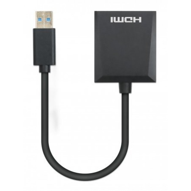 Manhattan USB-A to HDMI Cable, 1080p@60Hz, Converts USB 3.2 Gen1 (aka USB 3.0) signal to HDMI, 15cm, Black, Male to Female, Three Year Warranty