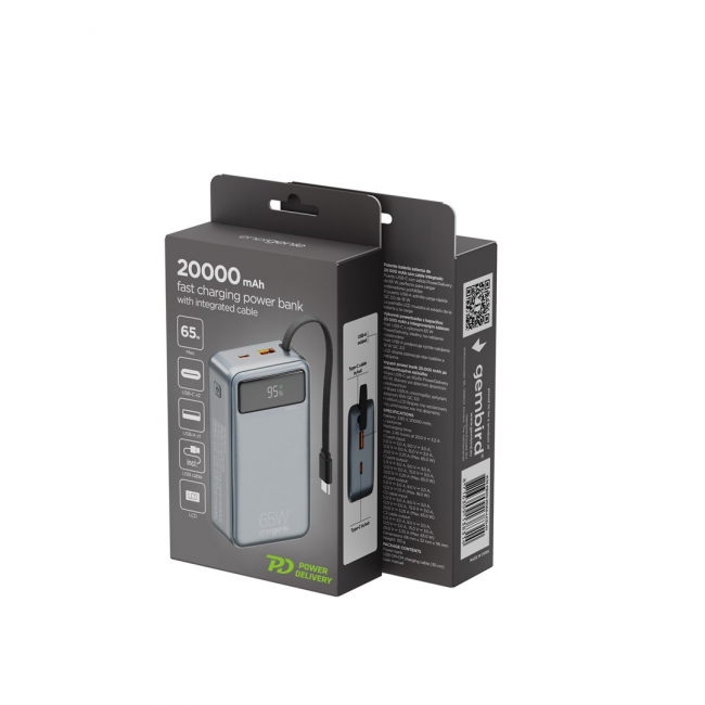 Gembird PB20-PD65-LCD-01 Fast charging power bank with integrated cables, 65W, 20000 mAh, black