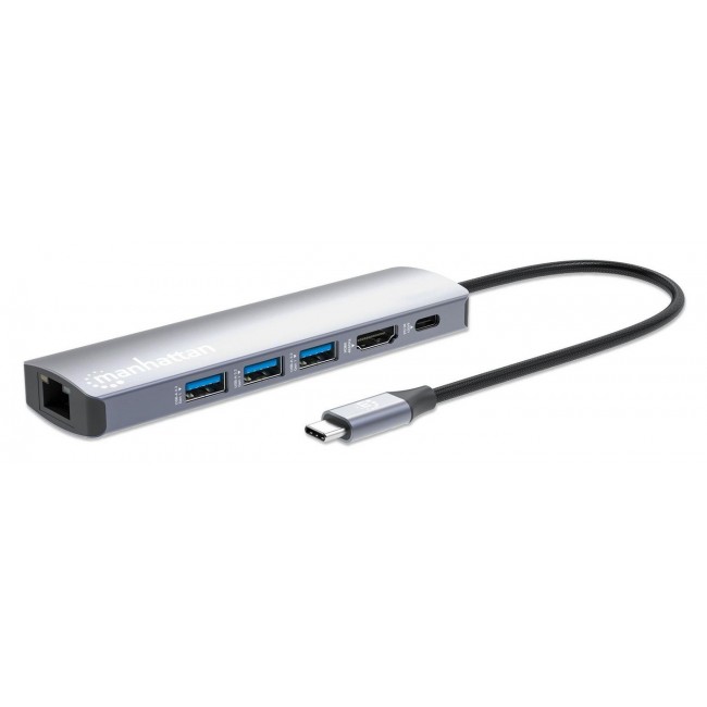 Manhattan USB-C Dock/Hub, Ports (x6): Ethernet, HDMI, USB-A (x3) and USB-C, with Power Delivery (PD) 100W- requires external USB-C charger (not included). USB powered (no external power supply required) when PD is not in use