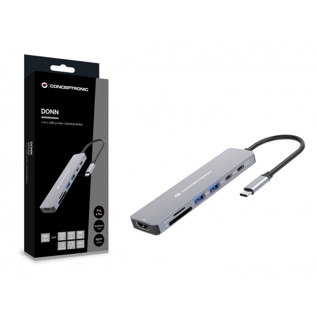 Conceptronic DONN28G 7-in-1 USB 3.2 Gen 1 Docking Station, 4K60Hz HDMI, USB-A 5Gbps x 2, USB-C 5Gbps, SD, TF/MicroSD, 100W USB PD