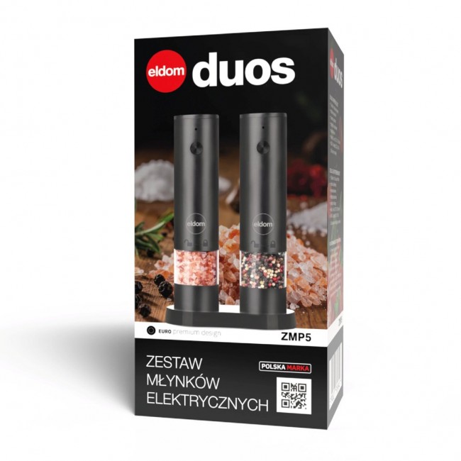 ELDOM ZMP5 BATTERY-POWERED PEPPER AND SALT GRINDER SET WITH STAND, BLACK