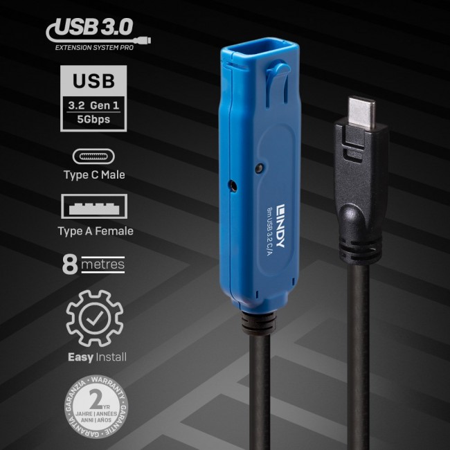 Lindy 43381 USB cable USB 3.2 Gen 1 (3.1 Gen 1) 8 m USB C USB A Black, Blue Lindy 43381 USB cable USB 3.2 Gen 1 (3.1 Gen 1) 8 m USB C USB A Black, Blue