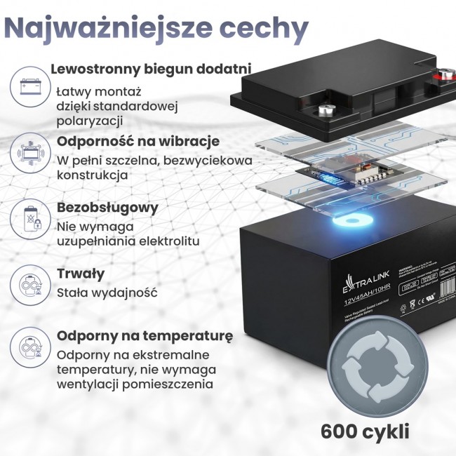 Extralink Accumulator AGM 12V 45Ah maintenance free