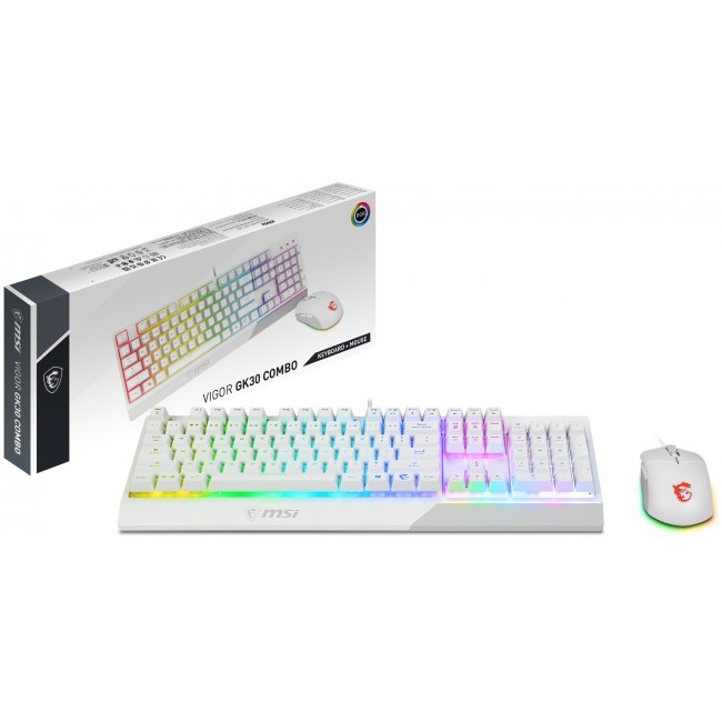 MSI VIGOR GK30 COMBO WHITE MEMchanical Gaming Keyboard + Gaming Mouse Bundle 'UK Layout, 6-Zone RGB Lighting Keyboard, Dual-Zone RGB Lighting Mouse, 5000 DPI Optical Sensor, Center' MSI VIGOR GK30 COMBO WHITE MEMchanical Gaming Keyboard + Gaming Mouse Bundle 'UK Layout, 6-Zone RGB Lighting Keyboard, Dual-Zone RGB Lighting Mouse, 5000 DPI Optical Sensor, Center'