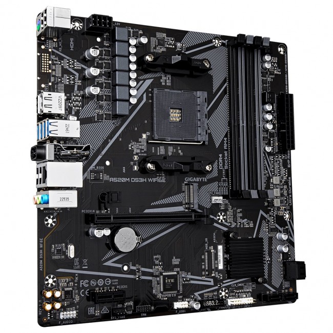 GIGABYTE A520M DS3H WIFI6E Motherboard - Supports AMD Ryzen 5000 Series AM4 CPUs, up to 4733MHz DDR4 (OC), 1xPCIe 3.0 M.2, WIFI 6E, GbE LAN, USB 3.2 Gen 1