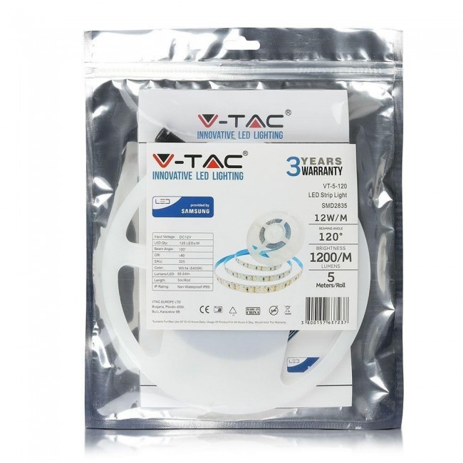 LED strip V-TAC VT-5-120 600LED SAMSUNG CHIP 2835 12V IP20 12W/m 6000K 1200lm (SKU 325) LED strip V-TAC VT-5-120 600LED SAMSUNG CHIP 2835 12V IP20 12W/m 6000K 1200lm (SKU 325)