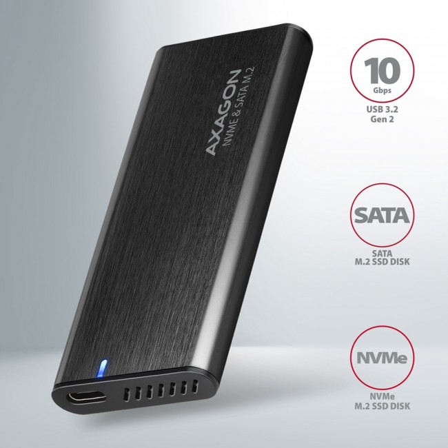 Axagon EEM2-SB2 External USB-C 3.2 Gen 2 metal box for M.2 NVMe & SATA SSD disks. Screwless