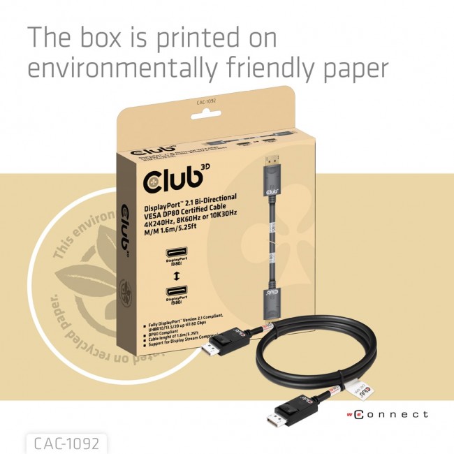 CLUB3D DisplayPort 2.1 Bi-Directional VESA DP80 Certified Cable 4K240Hz, 8K60Hz or 10K60Hz M/M 1.6m/5.25ft