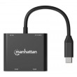 Manhattan USB-C to Dual HDMI and USB-A Adapter, Dual 4K@30Hz or Single 4K@60Hz, USB 2.0 USB-A Port (480 Mbps), Up to 100W USB-C Power Delivery Pass-Through, 15cm Cable, Black, Three Year Warranty
