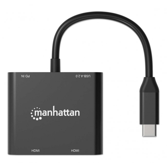Manhattan USB-C to Dual HDMI and USB-A Adapter, Dual 4K@30Hz or Single 4K@60Hz, USB 2.0 USB-A Port (480 Mbps), Up to 100W USB-C Power Delivery Pass-Through, 15cm Cable, Black, Three Year Warranty