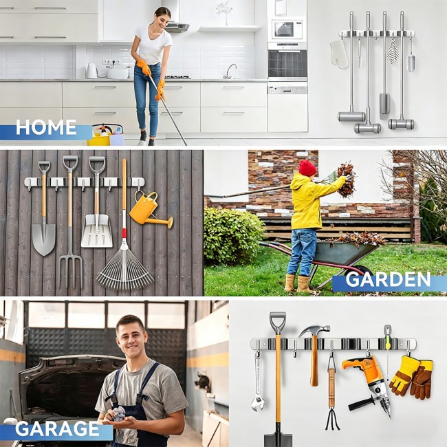 Maclean Wall-Mounted Organizer for Garden Tools and Mops, Steel, with Hooks, Max. Load 20 kg, Width 49 cm, MC-184 Maclean Wall-Mounted Organizer for Garden Tools and Mops, Steel, with Hooks, Max. Load 20 kg, Width 49 cm, MC-184