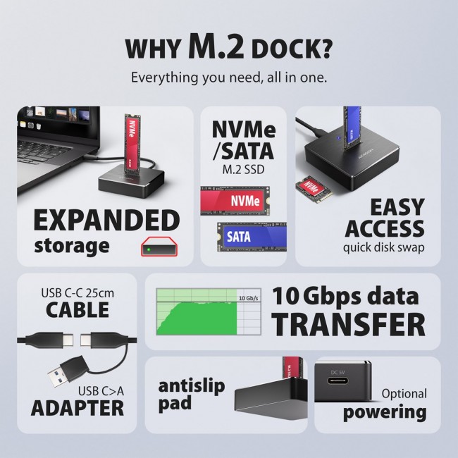 Axagon ADSA-M2C11 USB-C 10Gbps M.2 NVMe & SATA SSD Docking Station