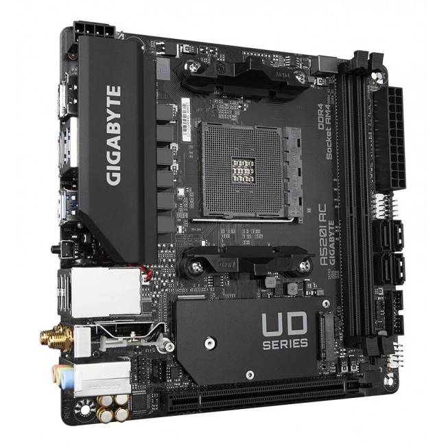 GIGABYTE A520I AC Motherboard - Supports AMD Ryzen 5000 Series AM4 CPUs, 6 Phases Digital VRM, up to 5300MHz DDR4 (OC), 1xPCIe 3.0 M.2, WIFI, GbE LAN, USB 3.2 Gen1