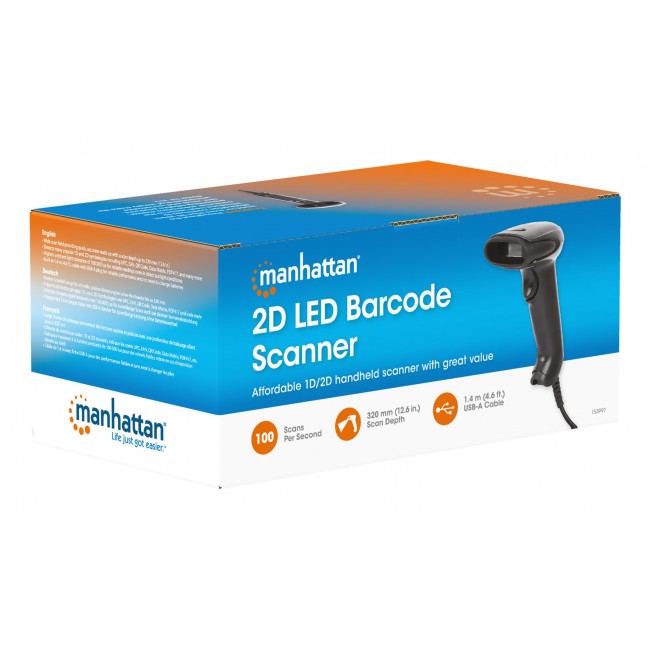 Manhattan Contact CCD Handheld Barcode Scanner, USB, 60mm Scan Width, Cable 152cm, Max Ambient Light 5,000 lux (sunlight), Black, Three Year Warranty