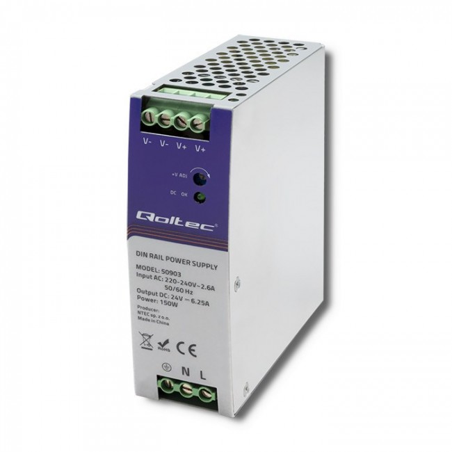 Qoltec 50903 Industrial DIN rail power supply | 150W | 24V | 6.25A Qoltec 50903 Industrial DIN rail power supply | 150W | 24V | 6.25A