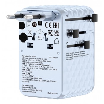 Verbatim Charge 'n' Travel 100W Universal Travel Adapter with retractable cable Blue