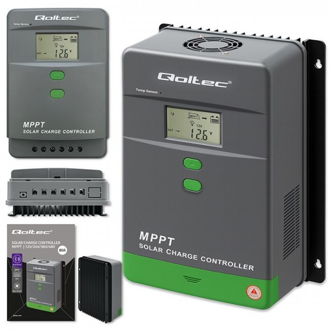 Qoltec Solarny regulator adowania MPPT z czujnikiem temperatury 80A |12V / 24V / 36V / 48V | LCD | Bluetooth | APP | GEL | LiFePO4