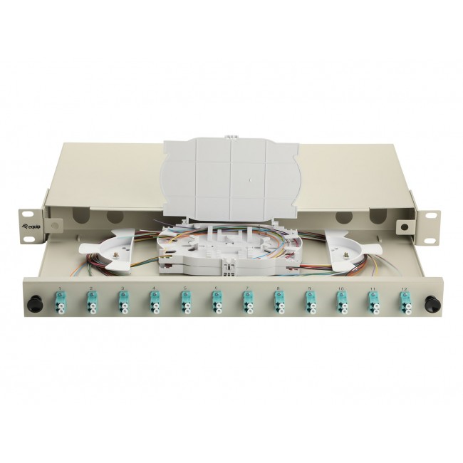 Equip 12-Port Fiber Optic Splice Box, LC Duplex, OM3, 1U, Equipped, Grey