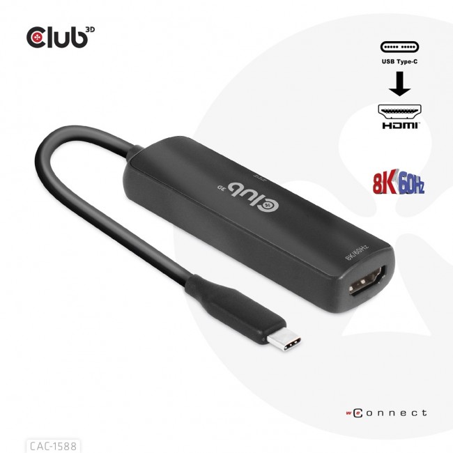 CLUB3D USB Gen2 Type-C to HDMI 8K60Hz or 4K120Hz HDR10+ with DSC1.2 with Power Delivery 3.0 Active Adapter M/F